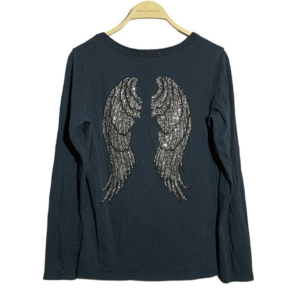 2unik Women TShirt Size L Angel Wing Embroidery Stud Blink Navy Blue Long Sleeve